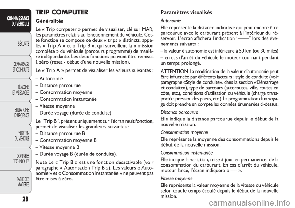 FIAT DOBLO COMBI 2011 Notice dentretien (in French) 28
CONNAISSANCE
DU VÉHICULE
SÉCURITÉ
DÉMARRAGE
ET CONDUITE
TÉMOINS
ET MESSAGES
SITUATIONS
D’URGENCE
ENTRETIEN
DU VÉHICULE
DONNÉES
TECHNIQUES
TABLE DES
MATIÈRES
Paramètres visualisés
Aut FIAT DOBLO COMBI 2011 Notice dentretien (in French) 28
CONNAISSANCE
DU VÉHICULE
SÉCURITÉ
DÉMARRAGE
ET CONDUITE
TÉMOINS
ET MESSAGES
SITUATIONS
D’URGENCE
ENTRETIEN
DU VÉHICULE
DONNÉES
TECHNIQUES
TABLE DES
MATIÈRES
Paramètres visualisés
Aut