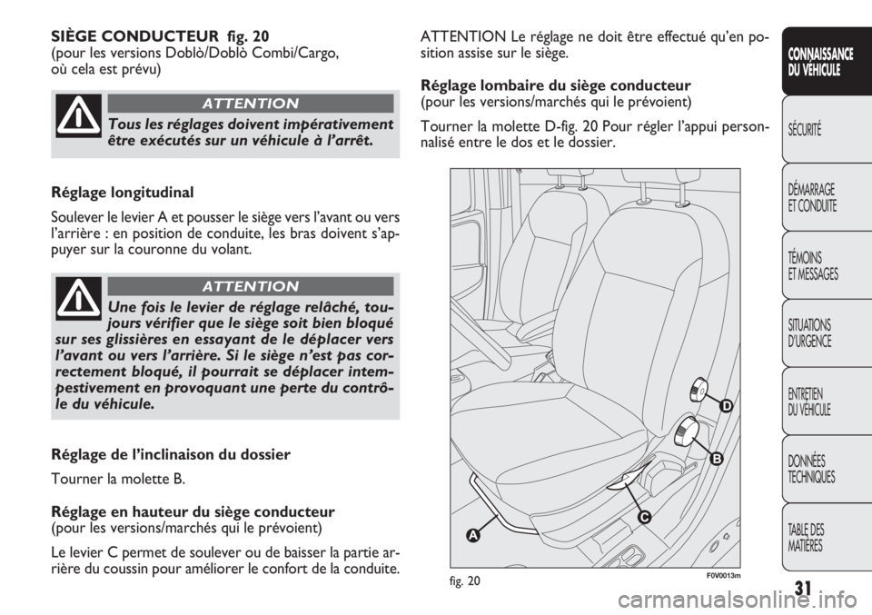 FIAT DOBLO COMBI 2011 Notice dentretien (in French) 31
CONNAISSANCE
DU VÉHICULE
SÉCURITÉ
DÉMARRAGE
ET CONDUITE
TÉMOINS
ET MESSAGES
SITUATIONS
D’URGENCE
ENTRETIEN
DU VÉHICULE
DONNÉES
TECHNIQUES
TABLE DES
MATIÈRES
ATTENTION Le réglage ne doi FIAT DOBLO COMBI 2011 Notice dentretien (in French) 31
CONNAISSANCE
DU VÉHICULE
SÉCURITÉ
DÉMARRAGE
ET CONDUITE
TÉMOINS
ET MESSAGES
SITUATIONS
D’URGENCE
ENTRETIEN
DU VÉHICULE
DONNÉES
TECHNIQUES
TABLE DES
MATIÈRES
ATTENTION Le réglage ne doi