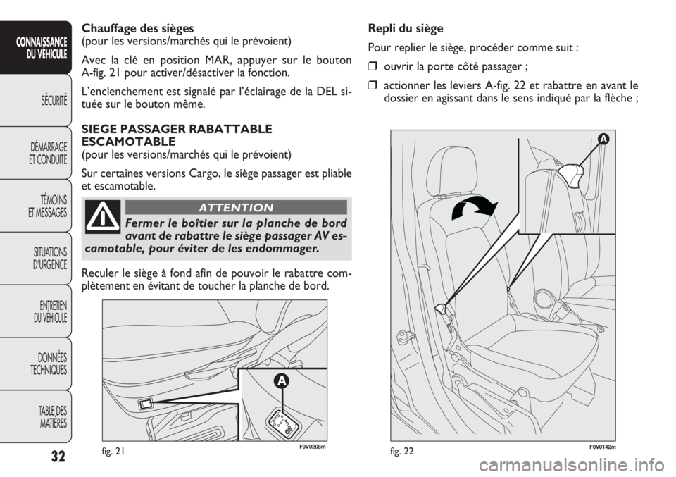 FIAT DOBLO COMBI 2011 Notice dentretien (in French) 32
CONNAISSANCE
DU VÉHICULE
SÉCURITÉ
DÉMARRAGE
ET CONDUITE
TÉMOINS
ET MESSAGES
SITUATIONS
D’URGENCE
ENTRETIEN
DU VÉHICULE
DONNÉES
TECHNIQUES
TABLE DES
MATIÈRES
fig. 21F0V0142mfig. 22
Repli FIAT DOBLO COMBI 2011 Notice dentretien (in French) 32
CONNAISSANCE
DU VÉHICULE
SÉCURITÉ
DÉMARRAGE
ET CONDUITE
TÉMOINS
ET MESSAGES
SITUATIONS
D’URGENCE
ENTRETIEN
DU VÉHICULE
DONNÉES
TECHNIQUES
TABLE DES
MATIÈRES
fig. 21F0V0142mfig. 22
Repli
