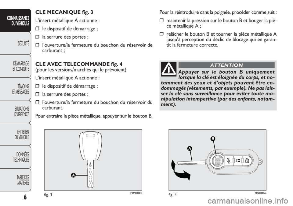 FIAT DOBLO COMBI 2011  Notice dentretien (in French) 6
CONNAISSANCE
DU VÉHICULE
SÉCURITÉ
DÉMARRAGE
ET CONDUITE
TÉMOINS
ET MESSAGES
SITUATIONS 
D’URGENCE
ENTRETIEN
DU VÉHICULE
DONNÉES
TECHNIQUES
TABLE DES 
MATIÈRES
F0V0003mfig. 3F0V0004mfig. 4
