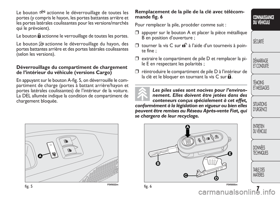 FIAT DOBLO COMBI 2011  Notice dentretien (in French) 7
CONNAISSANCE
DU VÉHICULE
SÉCURITÉ
DÉMARRAGE
ET CONDUITE
TÉMOINS
ET MESSAGES
SITUATIONS 
D’URGENCE
ENTRETIEN
DU VÉHICULE
DONNÉES
TECHNIQUES
TABLE DES 
MATIÈRES
F0V0022mfig. 5F0V0005mfig. 6
