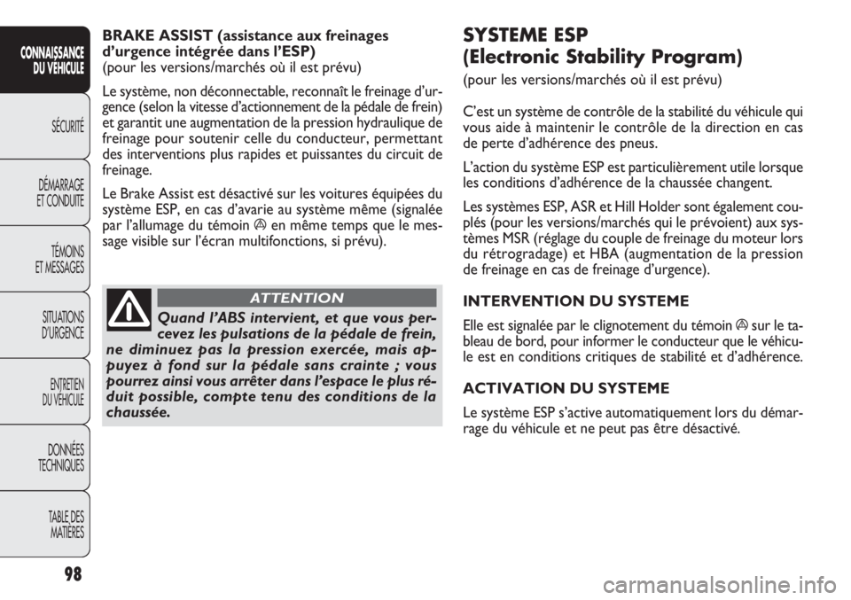 FIAT DOBLO COMBI 2014  Notice dentretien (in French) SYSTEME ESP 
(Electronic Stability Program) 
(pour les versions/marchés où il est prévu)
C’est un système de contrôle de la stabilité du véhicule \
qui
vous aide à maintenir le contrôle de 