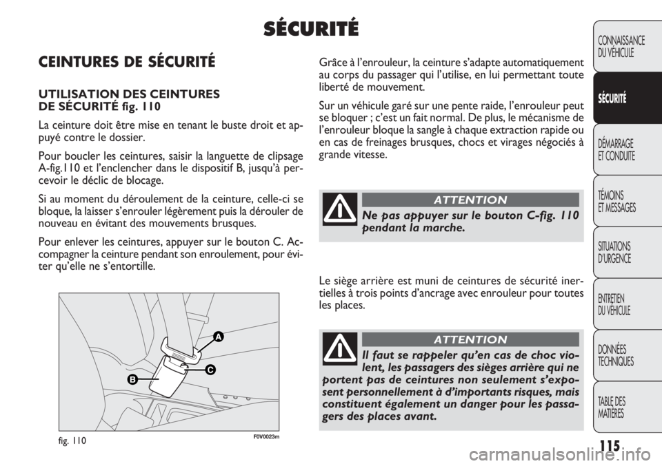 FIAT DOBLO COMBI 2014 Notice dentretien (in French) 115
CONNAISSANCE
DU VÉHICULE
SÉC URITÉ
DÉMARRAGE
ET CONDUITE
TÉMOINS
ET MESSAGES
SITUA
TIONS
D’URGENCE
ENTRETIEN
DU VÉHICULE
DONNÉES
TECHNIQUES
TABLE DES
MATIÈRES
F0V0023mfig. 110
Grâce FIAT DOBLO COMBI 2014 Notice dentretien (in French) 115
CONNAISSANCE
DU VÉHICULE
SÉC URITÉ
DÉMARRAGE
ET CONDUITE
TÉMOINS
ET MESSAGES
SITUA
TIONS
D’URGENCE
ENTRETIEN
DU VÉHICULE
DONNÉES
TECHNIQUES
TABLE DES
MATIÈRES
F0V0023mfig. 110
Grâce