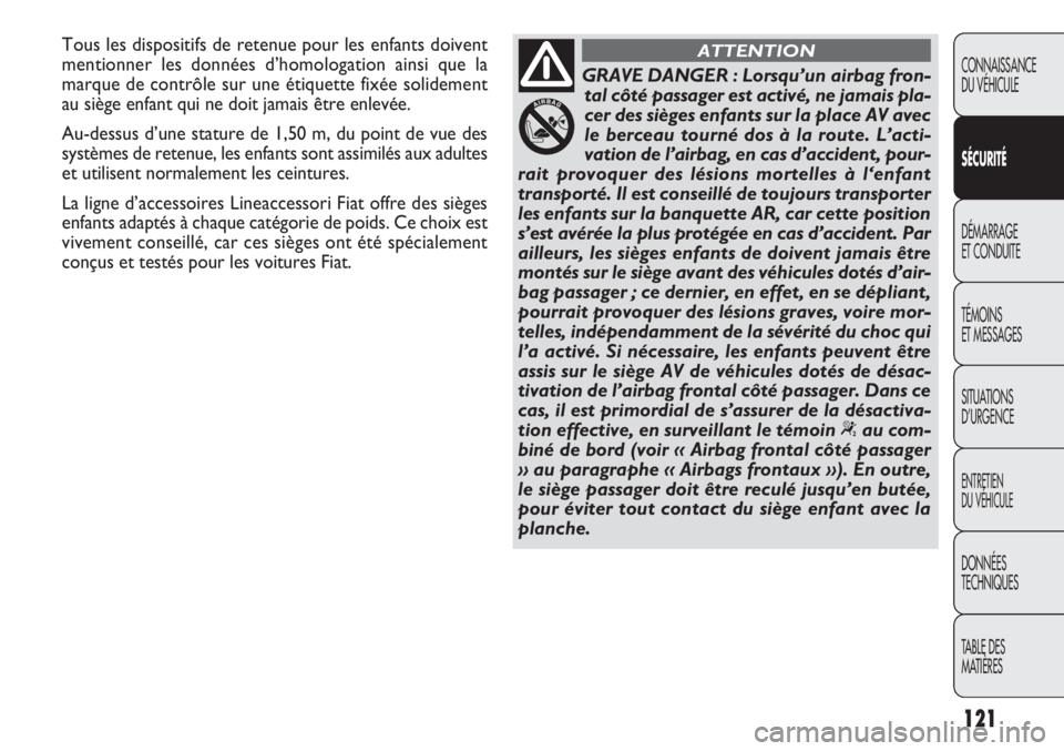 FIAT DOBLO COMBI 2013 Notice dentretien (in French) 121
CONNAISSANCE
DU VÉHICULE
SÉC URITÉ
DÉMARRAGE
ET CONDUITE
TÉMOINS
ET MESSAGES
SITUA
TIONS
D’URGENCE
ENTRETIEN
DU VÉHICULE
DONNÉES
TECHNIQUES
TABLE DES
MATIÈRES
GRAVE DANGER : Lorsqu’ FIAT DOBLO COMBI 2013 Notice dentretien (in French) 121
CONNAISSANCE
DU VÉHICULE
SÉC URITÉ
DÉMARRAGE
ET CONDUITE
TÉMOINS
ET MESSAGES
SITUA
TIONS
D’URGENCE
ENTRETIEN
DU VÉHICULE
DONNÉES
TECHNIQUES
TABLE DES
MATIÈRES
GRAVE DANGER : Lorsqu’