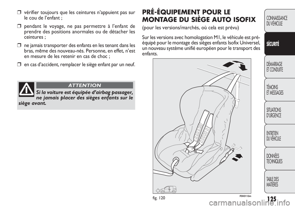 FIAT DOBLO COMBI 2013 Notice dentretien (in French) 125
CONNAISSANCE
DU VÉHICULE
SÉC URITÉ
DÉMARRAGE
ET CONDUITE
TÉMOINS
ET MESSAGES
SITUA
TIONS
D’URGENCE
ENTRETIEN
DU VÉHICULE
DONNÉES
TECHNIQUES
TABLE DES
MATIÈRES
❒vérifier toujours qu FIAT DOBLO COMBI 2013 Notice dentretien (in French) 125
CONNAISSANCE
DU VÉHICULE
SÉC URITÉ
DÉMARRAGE
ET CONDUITE
TÉMOINS
ET MESSAGES
SITUA
TIONS
D’URGENCE
ENTRETIEN
DU VÉHICULE
DONNÉES
TECHNIQUES
TABLE DES
MATIÈRES
❒vérifier toujours qu
