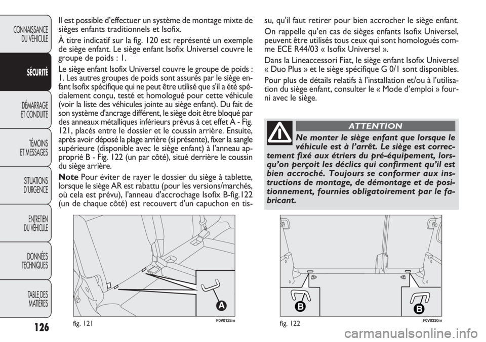 FIAT DOBLO COMBI 2012  Notice dentretien (in French) 126
CONNAISSANCEDU VÉHICULE
SÉC URITÉ
DÉMARRAGE
ET CONDUITE
TÉMOINS
ET MESSAGES
SITUA

TIONS 
D’URGENCE
ENTRETIEN
DU VÉHICULE
DONNÉES
TECHNIQUES
TABLE DESMATIÈRES
F0V0128mfig. 121F0V0330mfig