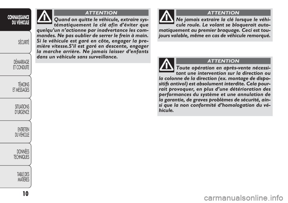 FIAT DOBLO COMBI 2014  Notice dentretien (in French) 10
CONNAISSANCEDU VÉHICULE
SÉCURITÉ
DÉMARRAGE
ET CONDUITE
TÉMOINS
ET MESSAGES
SITUATIONS
D’URGENCE
ENTRETIEN
DU VÉHICULE
DONNÉES
TECHNIQUES
TABLE DESMATIÈRES
Ne jamais extraire la clé lorsq