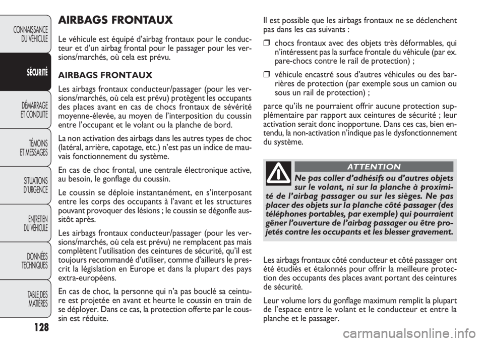 FIAT DOBLO COMBI 2013 Notice dentretien (in French) 128
CONNAISSANCEDU VÉHICULE
SÉC URITÉ
DÉMARRAGE
ET CONDUITE
TÉMOINS
ET MESSAGES
SITUA
TIONS
D’URGENCE
ENTRETIEN
DU VÉHICULE
DONNÉES
TECHNIQUES
TABLE DESMATIÈRES
AIRBAGS FRONTAUX
Le véhicu FIAT DOBLO COMBI 2013 Notice dentretien (in French) 128
CONNAISSANCEDU VÉHICULE
SÉC URITÉ
DÉMARRAGE
ET CONDUITE
TÉMOINS
ET MESSAGES
SITUA
TIONS
D’URGENCE
ENTRETIEN
DU VÉHICULE
DONNÉES
TECHNIQUES
TABLE DESMATIÈRES
AIRBAGS FRONTAUX
Le véhicu