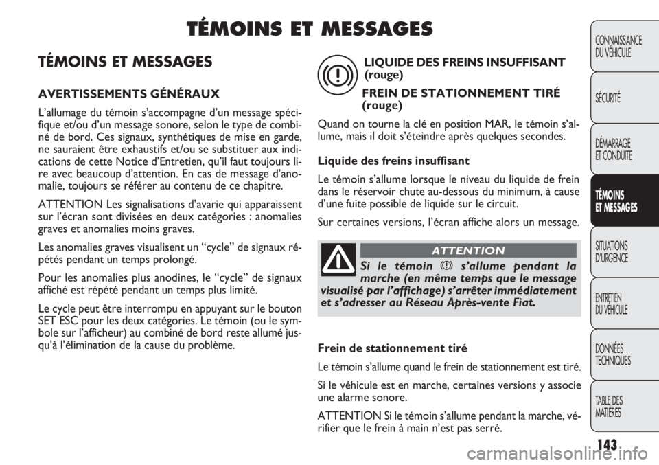 FIAT DOBLO COMBI 2014  Notice dentretien (in French) 143
CONNAISSANCE
DU VÉHICULE
SÉCURITÉ
DÉMARRAGE
ET CONDUITE
TÉMOINS
E T M ESSA GES
SITUATIONS 
D’URGENCE
ENTRETIEN
DU VÉHICULE
DONNÉES
TECHNIQUES
TABLE DES 
MATIÈRES
TÉMOINS ET MESSAGES
AVE