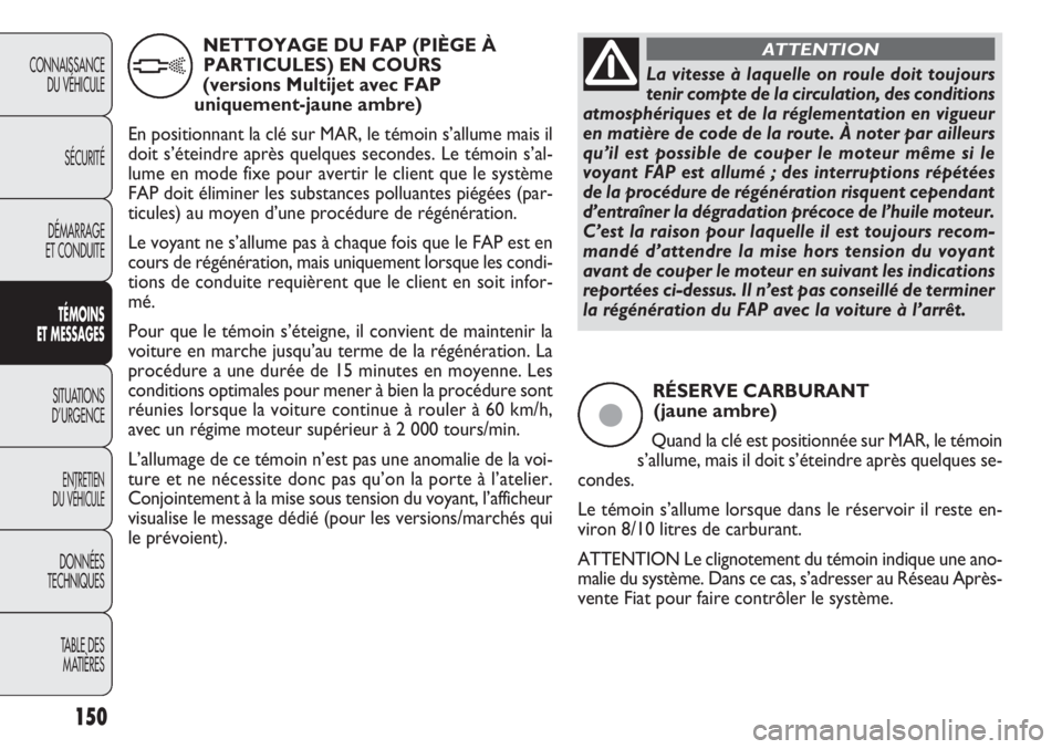 FIAT DOBLO COMBI 2012  Notice dentretien (in French) 150
CONNAISSANCEDU VÉHICULE
SÉCURITÉ
DÉMARRAGE
ET CONDUITE
TÉMO INS
E T M ESSA GES
SITUATIONS 
D’URGENCE
ENTRETIEN
DU VÉHICULE
DONNÉES
TECHNIQUES
TABLE DES MATIÈRES
RÉSERVE CARBURANT  (jaun