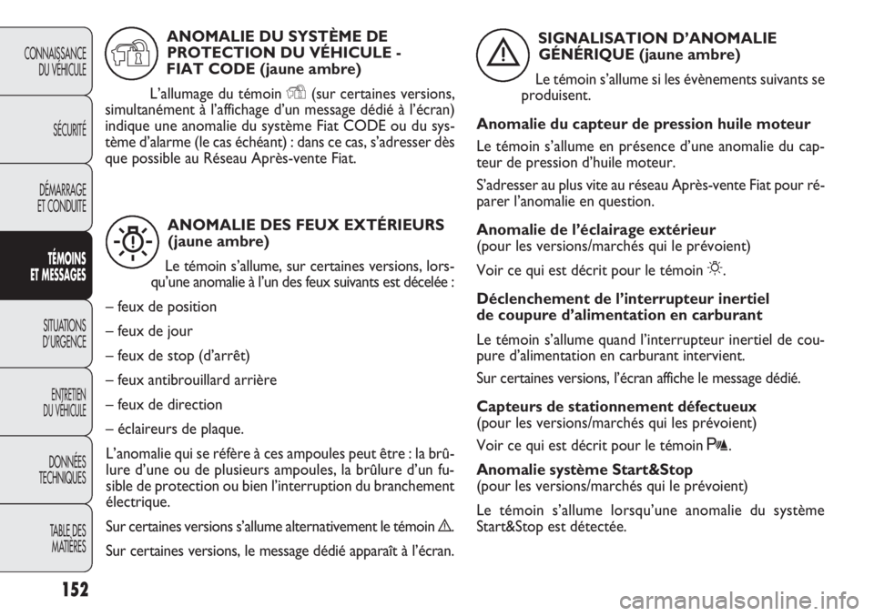 FIAT DOBLO COMBI 2014  Notice dentretien (in French) 152
CONNAISSANCEDU VÉHICULE
SÉCURITÉ
DÉMARRAGE
ET CONDUITE
TÉMO INS
E T M ESSA GES
SITUATIONS 
D’URGENCE
ENTRETIEN
DU VÉHICULE
DONNÉES
TECHNIQUES
TABLE DES MATIÈRES
ANOMALIE DES FEUX EXTÉRI