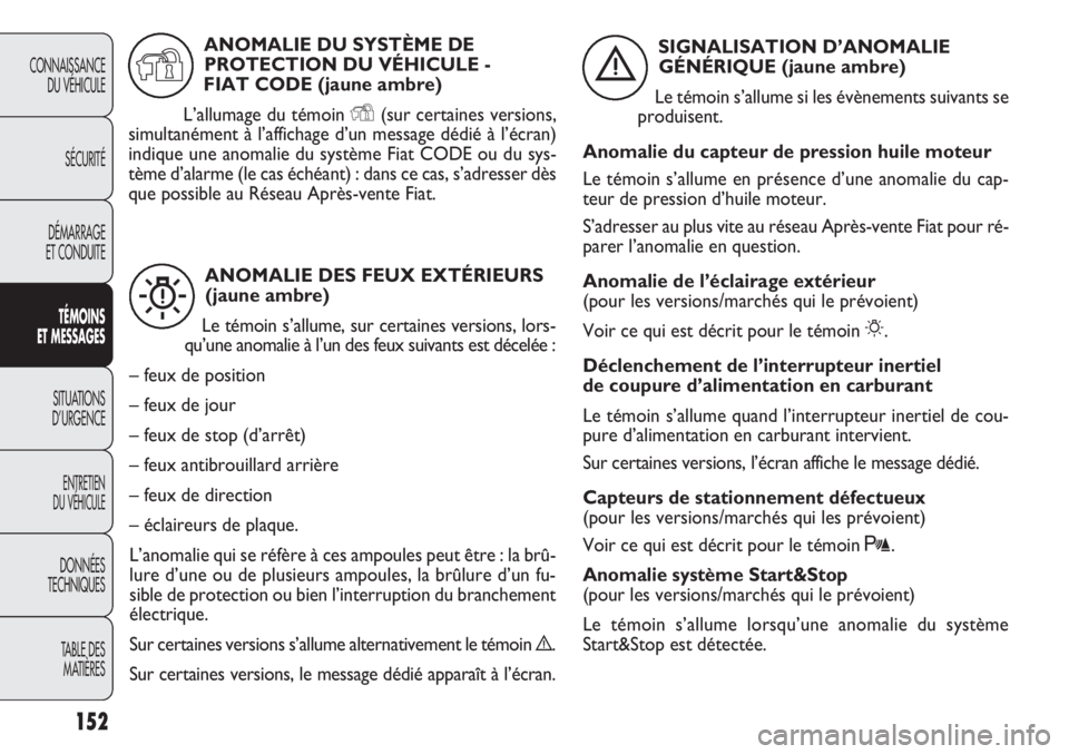 FIAT DOBLO COMBI 2014 Notice dentretien (in French) 152
CONNAISSANCEDU VÉHICULE
SÉCURITÉ
DÉMARRAGE
ET CONDUITE
TÉMO INS
E T M ESSA GES
SITUATIONS
D’URGENCE
ENTRETIEN
DU VÉHICULE
DONNÉES
TECHNIQUES
TABLE DES MATIÈRES
ANOMALIE DES FEUX EXTÉRI FIAT DOBLO COMBI 2014 Notice dentretien (in French) 152
CONNAISSANCEDU VÉHICULE
SÉCURITÉ
DÉMARRAGE
ET CONDUITE
TÉMO INS
E T M ESSA GES
SITUATIONS
D’URGENCE
ENTRETIEN
DU VÉHICULE
DONNÉES
TECHNIQUES
TABLE DES MATIÈRES
ANOMALIE DES FEUX EXTÉRI