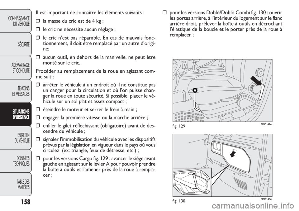 FIAT DOBLO COMBI 2013 Notice dentretien (in French) F0V0148mfig. 130
F0V0149mfig. 129
158
CONNAISSANCEDU VÉHICULE
SÉCURITÉ
ADÉMARRAGE ET CONDUITE
TÉMOINS
ET MESSAGES
S ITUA
TIO NS
D’URGEN CE
ENTRETIEN
DU VÉHICULE
DONNÉES
TECHNIQUES
TABLE DES FIAT DOBLO COMBI 2013 Notice dentretien (in French) F0V0148mfig. 130
F0V0149mfig. 129
158
CONNAISSANCEDU VÉHICULE
SÉCURITÉ
ADÉMARRAGE ET CONDUITE
TÉMOINS
ET MESSAGES
S ITUA
TIO NS
D’URGEN CE
ENTRETIEN
DU VÉHICULE
DONNÉES
TECHNIQUES
TABLE DES