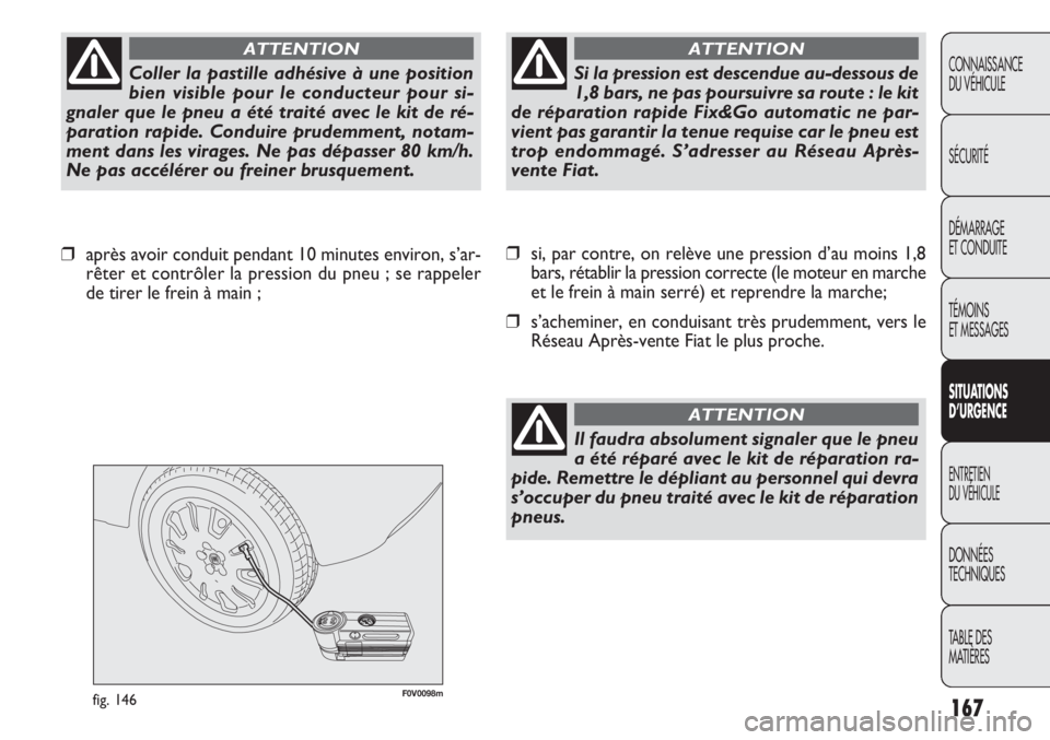 FIAT DOBLO COMBI 2014 Notice dentretien (in French) 167
CONNAISSANCE
DU VÉHICULE
SÉCURITÉ
DÉMARRAGE
ET CONDUITE
TÉMOINS
ET MESSAGES
SITUA
TIO NS
D’URGEN CE
ENTRETIEN
DU VÉHICULE
DONNÉES
TECHNIQUES
TABLE DES
MATIÈRES
F0V0098mfig. 146
❒si, FIAT DOBLO COMBI 2014 Notice dentretien (in French) 167
CONNAISSANCE
DU VÉHICULE
SÉCURITÉ
DÉMARRAGE
ET CONDUITE
TÉMOINS
ET MESSAGES
SITUA
TIO NS
D’URGEN CE
ENTRETIEN
DU VÉHICULE
DONNÉES
TECHNIQUES
TABLE DES
MATIÈRES
F0V0098mfig. 146
❒si,