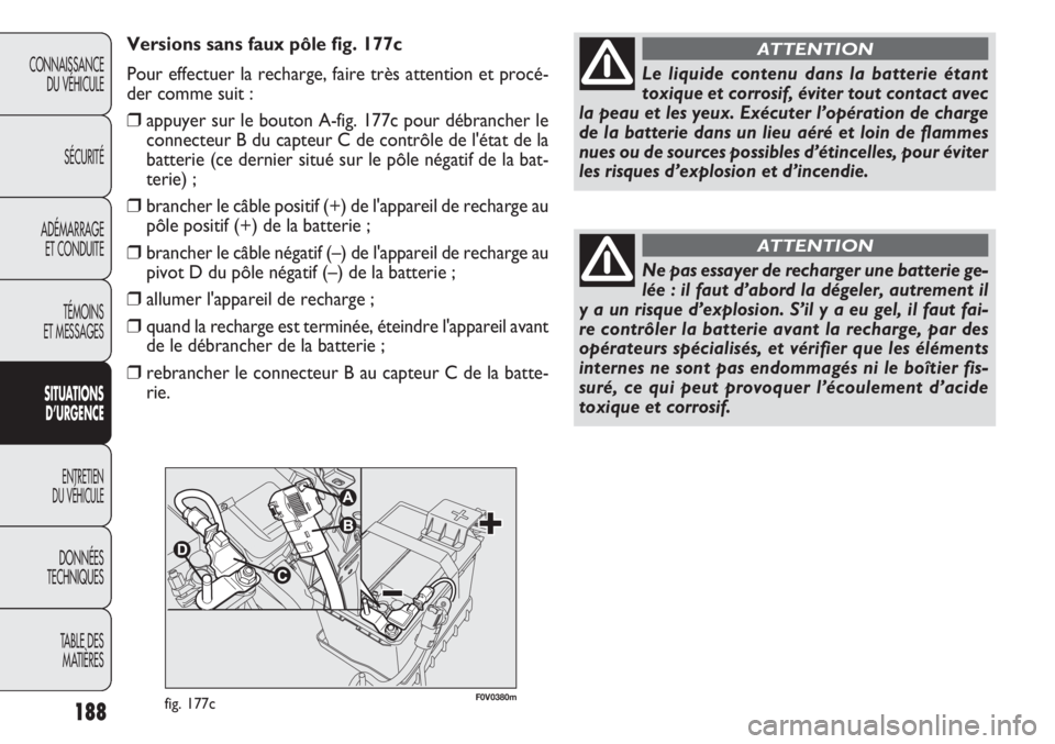 FIAT DOBLO COMBI 2014 Notice dentretien (in French) 188
CONNAISSANCEDU VÉHICULE
SÉCURITÉ
ADÉMARRAGE ET CONDUITE
TÉMOINS
ET MESSAGES
S ITUA
TIO NS
D’URGEN CE
ENTRETIEN
DU VÉHICULE
DONNÉES
TECHNIQUES
TABLE DES MATIÈRES
Le liquide contenu dans FIAT DOBLO COMBI 2014 Notice dentretien (in French) 188
CONNAISSANCEDU VÉHICULE
SÉCURITÉ
ADÉMARRAGE ET CONDUITE
TÉMOINS
ET MESSAGES
S ITUA
TIO NS
D’URGEN CE
ENTRETIEN
DU VÉHICULE
DONNÉES
TECHNIQUES
TABLE DES MATIÈRES
Le liquide contenu dans