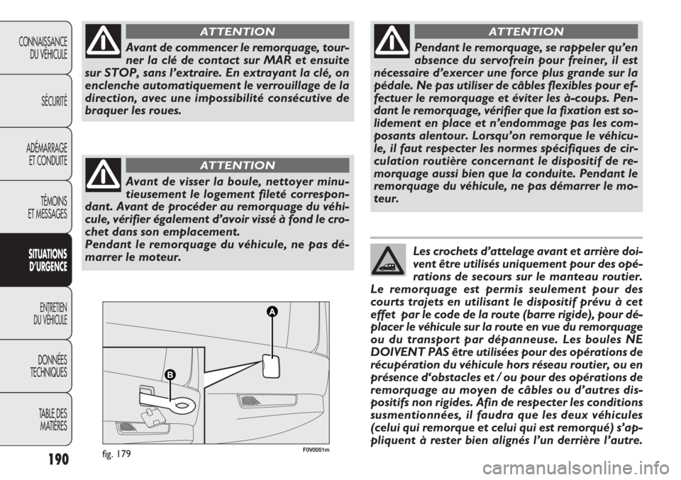 FIAT DOBLO COMBI 2014 Notice dentretien (in French) 190
CONNAISSANCEDU VÉHICULE
SÉCURITÉ
ADÉMARRAGE ET CONDUITE
TÉMOINS
ET MESSAGES
S ITUA
TIO NS
D’URGEN CE
ENTRETIEN
DU VÉHICULE
DONNÉES
TECHNIQUES
TABLE DES MATIÈRES
F0V0051mfig. 179
Avant d FIAT DOBLO COMBI 2014 Notice dentretien (in French) 190
CONNAISSANCEDU VÉHICULE
SÉCURITÉ
ADÉMARRAGE ET CONDUITE
TÉMOINS
ET MESSAGES
S ITUA
TIO NS
D’URGEN CE
ENTRETIEN
DU VÉHICULE
DONNÉES
TECHNIQUES
TABLE DES MATIÈRES
F0V0051mfig. 179
Avant d