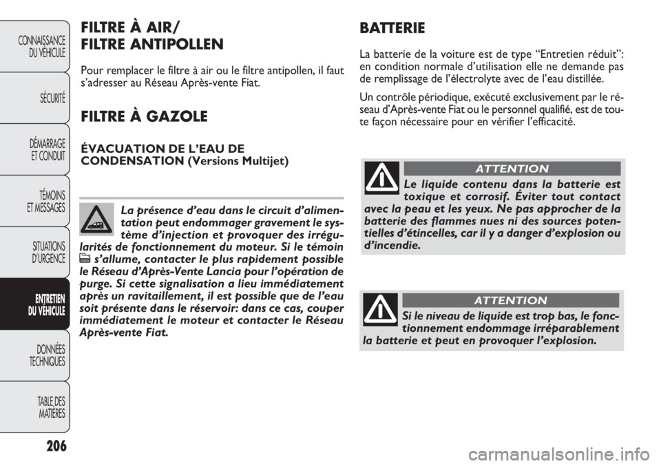 FIAT DOBLO COMBI 2014 Notice dentretien (in French) 206
CONNAISSANCEDU VÉHICULE
SÉCURITÉ
DÉMARRAGE ET CONDUIT
TÉMOINS
ET MESSAGES
SITUATIONS
D’URGENCE
E NTRE TIEN
D U VÉHIC ULE
DONNÉES
TECHNIQUES
TABLE DES MATIÈRES
Le liquide contenu dans l FIAT DOBLO COMBI 2014 Notice dentretien (in French) 206
CONNAISSANCEDU VÉHICULE
SÉCURITÉ
DÉMARRAGE ET CONDUIT
TÉMOINS
ET MESSAGES
SITUATIONS
D’URGENCE
E NTRE TIEN
D U VÉHIC ULE
DONNÉES
TECHNIQUES
TABLE DES MATIÈRES
Le liquide contenu dans l