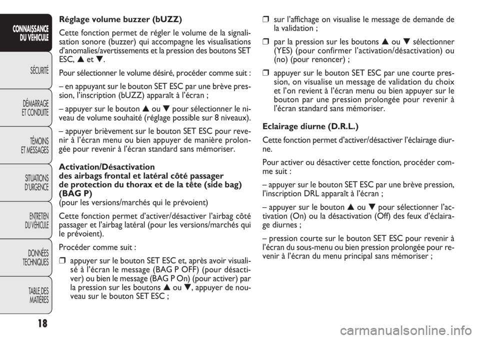 FIAT DOBLO COMBI 2014  Notice dentretien (in French) 18
CONNAISSANCEDU VÉHICULE
SÉCURITÉ
DÉMARRAGE
ET CONDUITE
TÉMOINS
ET MESSAGES
SITUATIONS
D’URGENCE
ENTRETIEN
DU VÉHICULE
DONNÉES
TECHNIQUES
TABLE DESMATIÈRES
❒sur l’affichage on visualis