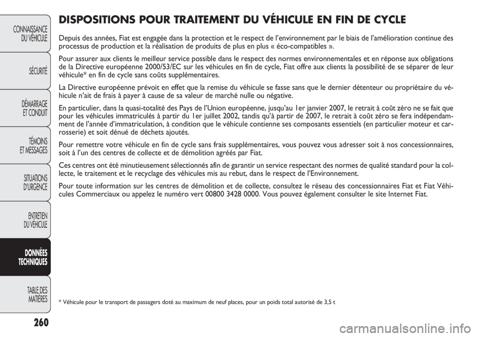 FIAT DOBLO COMBI 2012 Notice dentretien (in French) 260
CONNAISSANCEDU VÉHICULE
SÉCURITÉ
DÉMARRAGE ET CONDUIT
TÉMOINS
ET MESSAGES
SITUATIONS
D’URGENCE
ENTRETIEN
DU VÉHICULE
DONNÉES
T ECHNIQUES
TABLE DES MA
TIÈRES
DIS P OSITIO NS PO UR TRAI FIAT DOBLO COMBI 2012 Notice dentretien (in French) 260
CONNAISSANCEDU VÉHICULE
SÉCURITÉ
DÉMARRAGE ET CONDUIT
TÉMOINS
ET MESSAGES
SITUATIONS
D’URGENCE
ENTRETIEN
DU VÉHICULE
DONNÉES
T ECHNIQUES
TABLE DES MA
TIÈRES
DIS P OSITIO NS PO UR TRAI