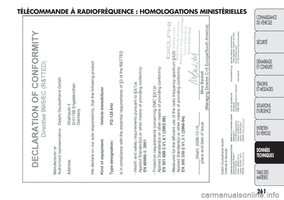 FIAT DOBLO COMBI 2014 Notice dentretien (in French) 261
CONNAISSANCE
DU VÉHICULE
SÉCURITÉ
DÉMARRAGE
ET CONDUITE
TÉMOINS
ET MESSAGES
SITUATIONS
D’URGENCE
ENTRETIEN
DU VÉHICULE
DONNÉES
TECHNIQUES
TABLE DES
MA
TIÈRES
TÉLÉCOMMANDE À RAD IO FIAT DOBLO COMBI 2014 Notice dentretien (in French) 261
CONNAISSANCE
DU VÉHICULE
SÉCURITÉ
DÉMARRAGE
ET CONDUITE
TÉMOINS
ET MESSAGES
SITUATIONS
D’URGENCE
ENTRETIEN
DU VÉHICULE
DONNÉES
TECHNIQUES
TABLE DES
MA
TIÈRES
TÉLÉCOMMANDE À RAD IO