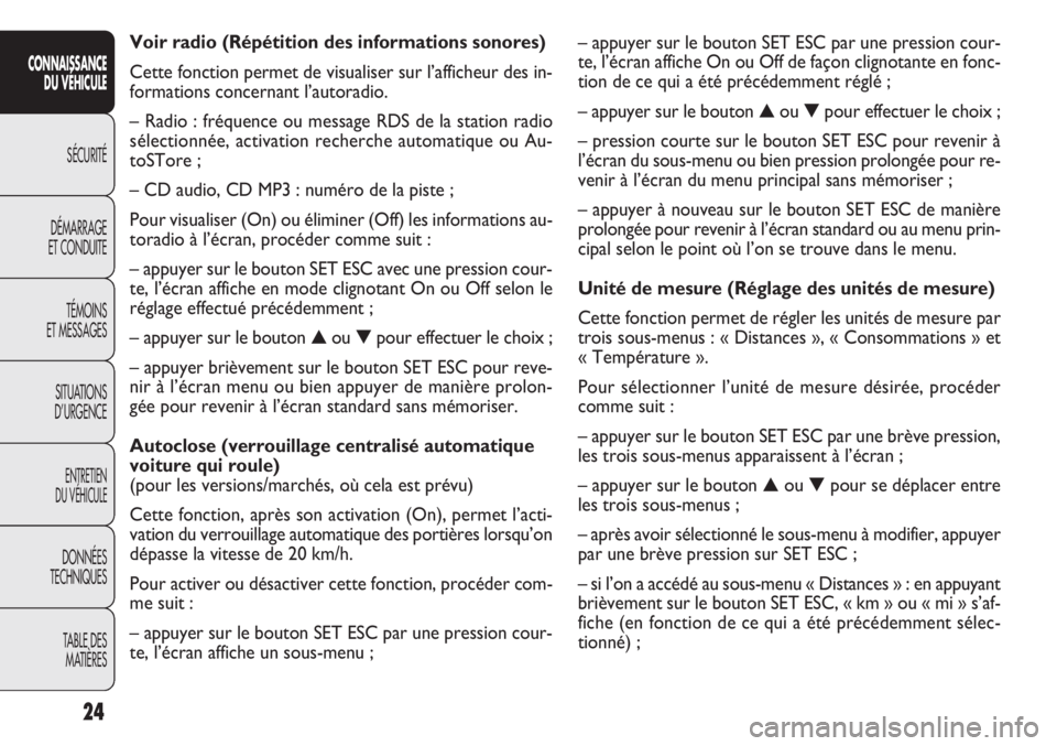 FIAT DOBLO COMBI 2014  Notice dentretien (in French) 24
CONNAISSANCEDU VÉHICULE
SÉCURITÉ
DÉMARRAGE
ET CONDUITE
TÉMOINS
ET MESSAGES
SITUATIONS
D’URGENCE
ENTRETIEN
DU VÉHICULE
DONNÉES
TECHNIQUES
TABLE DESMATIÈRES
– appuyer sur le bouton SET ES