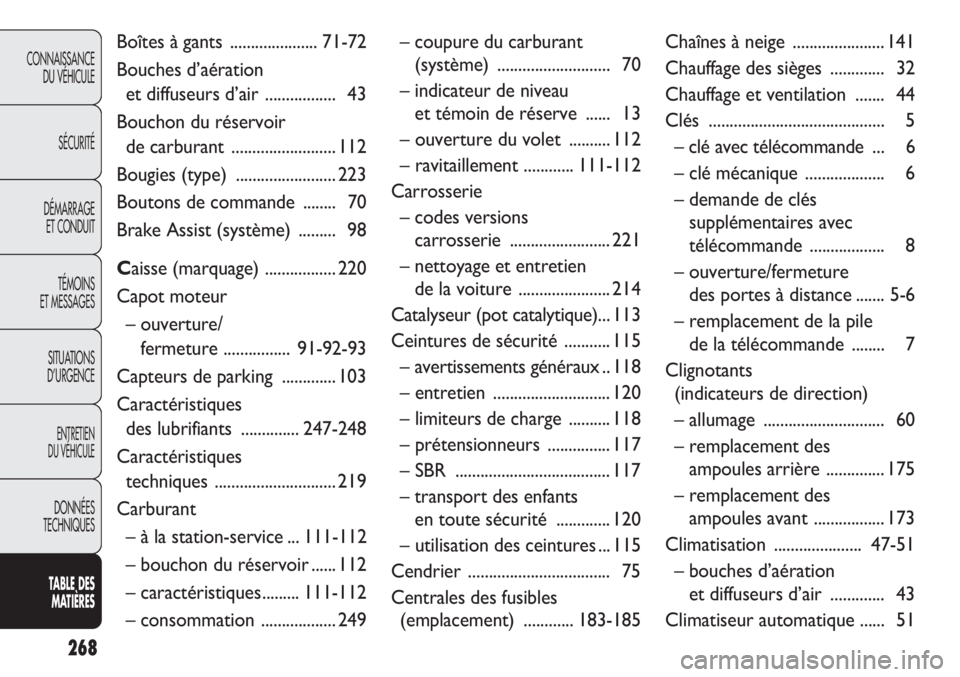 FIAT DOBLO COMBI 2014  Notice dentretien (in French) 268
CONNAISSANCEDU VÉHICULE
SÉCURITÉ
DÉMARRAGE ET CONDUIT
TÉMOINS
ET MESSAGES
SITUATIONS 
D’URGENCE
ENTRETIEN
DU VÉHICULE
DONNÉES
TECHNIQUES
TA BLE DES 
MA
 TIÈRES
Boîtes à gants .........