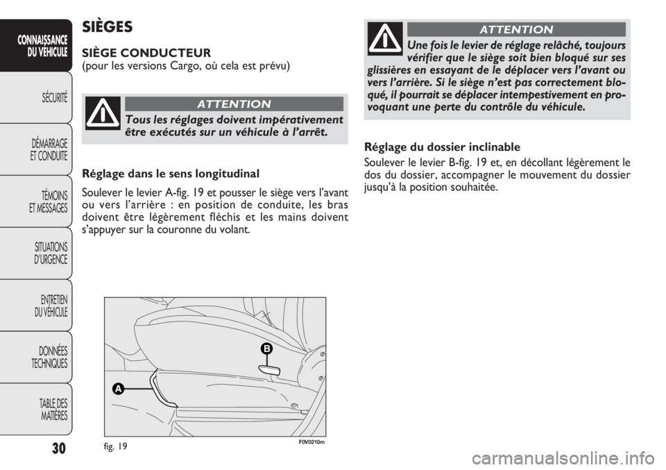 FIAT DOBLO COMBI 2014  Notice dentretien (in French) 30
CONNAISSANCEDU VÉHICULE
SÉCURITÉ
DÉMARRAGE
ET CONDUITE
TÉMOINS
ET MESSAGES
SITUATIONS
D’URGENCE
ENTRETIEN
DU VÉHICULE
DONNÉES
TECHNIQUES
TABLE DESMATIÈRES
Réglage du dossier inclinable
S