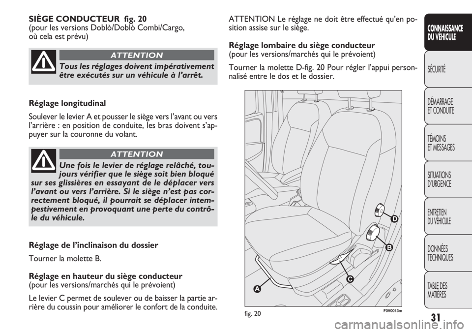 FIAT DOBLO COMBI 2014  Notice dentretien (in French) 31
CONNAISSANCE
DU VÉHICULE
SÉCURITÉ
DÉMARRAGE
ET CONDUITE
TÉMOINS
ET MESSAGES
SITUATIONS
D’URGENCE
ENTRETIEN
DU VÉHICULE
DONNÉES
TECHNIQUES
TABLE DES
MATIÈRES
ATTENTION Le réglage ne doit 