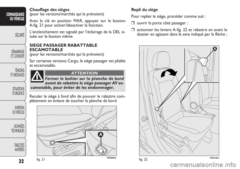 FIAT DOBLO COMBI 2014  Notice dentretien (in French) 32
CONNAISSANCEDU VÉHICULE
SÉCURITÉ
DÉMARRAGE
ET CONDUITE
TÉMOINS
ET MESSAGES
SITUATIONS
D’URGENCE
ENTRETIEN
DU VÉHICULE
DONNÉES
TECHNIQUES
TABLE DESMATIÈRES
fig. 21F0V0142mfig. 22
Repli du 