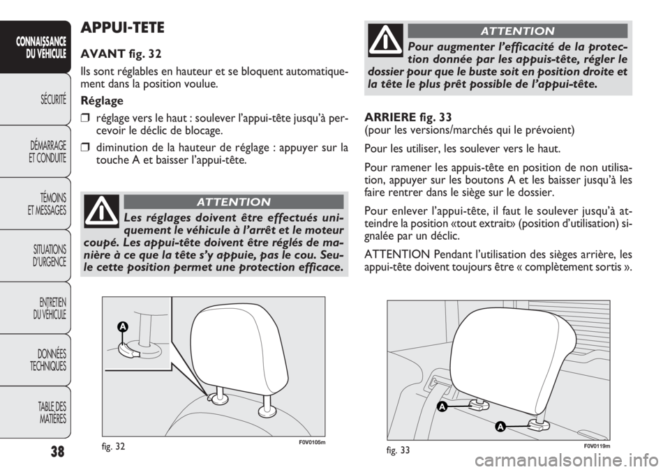 FIAT DOBLO COMBI 2014  Notice dentretien (in French) 38
CONNAISSANCEDU  VÉHIC ULE
SÉCURITÉ
DÉMARRAGE
ET CONDUITE
TÉMOINS
ET MESSAGES
SITUATIONS 
D’URGENCE
ENTRETIEN
DU VÉHICULE
DONNÉES
TECHNIQUES
TABLE DES MATIÈRES
ARRIERE fig. 33
(pour les ve