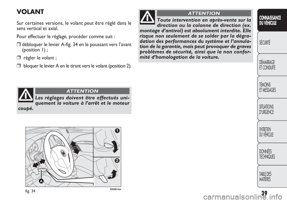 FIAT DOBLO COMBI 2013  Notice dentretien (in French) 39
CONNAISSANCE
DU  VÉHIC ULE
SÉCURITÉ
DÉMARRAGE
ET CONDUITE
TÉMOINS
ET MESSAGES
SITUATIONS 
D’URGENCE
ENTRETIEN
DU VÉHICULE
DONNÉES
TECHNIQUES
TABLE DES 
MATIÈRES
F0V0014mfig. 34
VOLANT
Sur