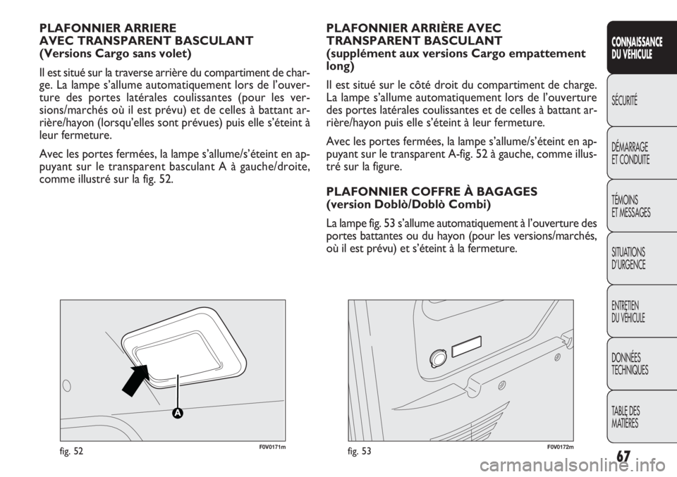 FIAT DOBLO COMBI 2012 Notice dentretien (in French) F0V0171mfig. 52
PLAFONNIER ARRIERE
AVEC TRANSPARENT BASCULANT
(Versions Cargo sans volet)
Il est situé sur la traverse arrière du compartiment de char-
ge. La lampe s’allume automatiquement lors d FIAT DOBLO COMBI 2012 Notice dentretien (in French) F0V0171mfig. 52
PLAFONNIER ARRIERE
AVEC TRANSPARENT BASCULANT
(Versions Cargo sans volet)
Il est situé sur la traverse arrière du compartiment de char-
ge. La lampe s’allume automatiquement lors d