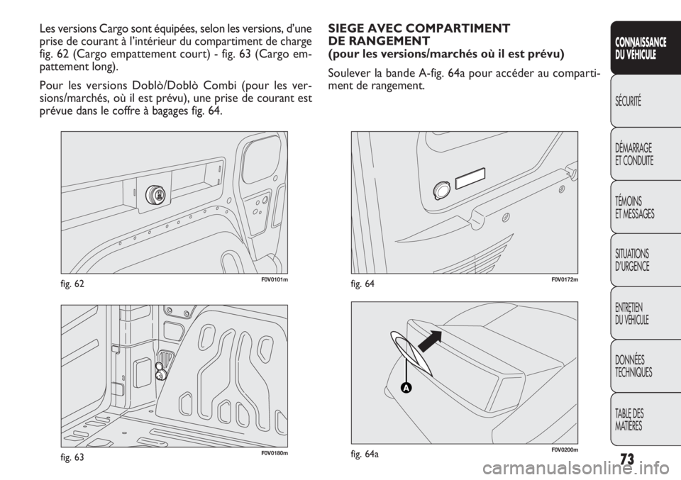 FIAT DOBLO COMBI 2012 Notice dentretien (in French) 73
CONNAISSANCE
DU VÉHIC ULE
SÉCURITÉ
DÉMARRAGE
ET CONDUITE
TÉMOINS
ET MESSAGES
SITUATIONS
D’URGENCE
ENTRETIEN
DU VÉHICULE
DONNÉES
TECHNIQUES
TABLE DES
MATIÈRES
F0V0101mfig. 62
Les versio FIAT DOBLO COMBI 2012 Notice dentretien (in French) 73
CONNAISSANCE
DU VÉHIC ULE
SÉCURITÉ
DÉMARRAGE
ET CONDUITE
TÉMOINS
ET MESSAGES
SITUATIONS
D’URGENCE
ENTRETIEN
DU VÉHICULE
DONNÉES
TECHNIQUES
TABLE DES
MATIÈRES
F0V0101mfig. 62
Les versio
