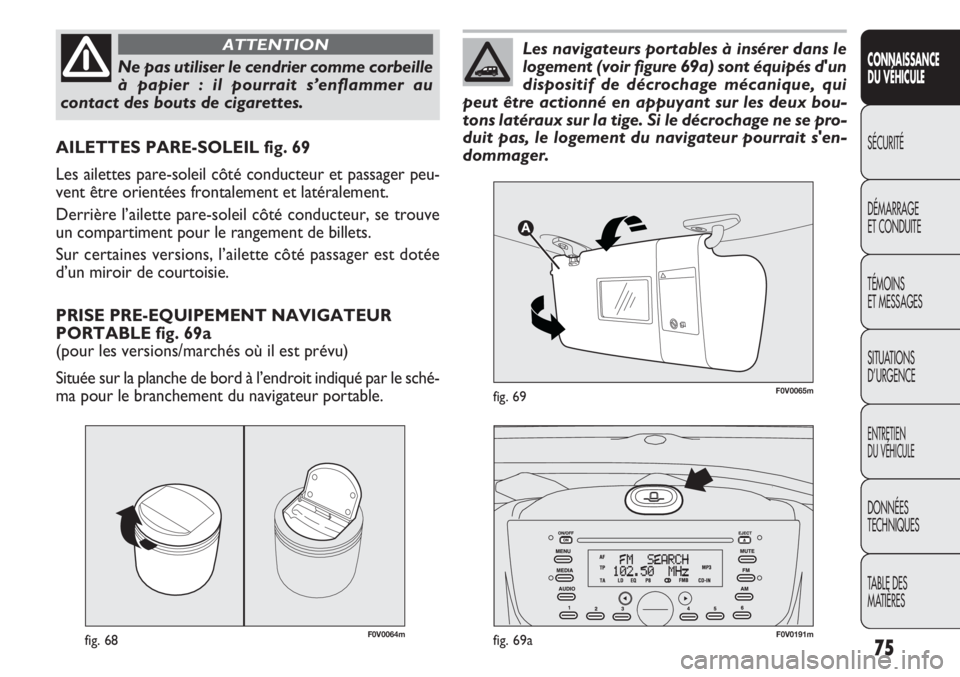 FIAT DOBLO COMBI 2012 Notice dentretien (in French) F0V0064mfig. 68
AILETTES PARE-SOLEIL fig. 69
Les ailettes pare-soleil côté conducteur et passager peu-
vent être orientées frontalement et latéralement.
Derrière l’ailette pare-soleil côté c FIAT DOBLO COMBI 2012 Notice dentretien (in French) F0V0064mfig. 68
AILETTES PARE-SOLEIL fig. 69
Les ailettes pare-soleil côté conducteur et passager peu-
vent être orientées frontalement et latéralement.
Derrière l’ailette pare-soleil côté c