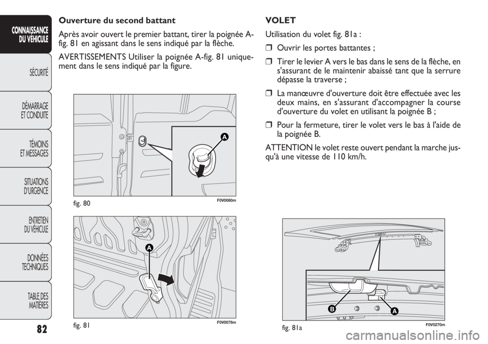 FIAT DOBLO COMBI 2013 Notice dentretien (in French) F0V0078mfig. 81
F0V0080mfig. 80
Ouverture du second battant
Après avoir ouvert le premier battant, tirer la poignée A-
fig. 81 en agissant dans le sens indiqué par la flèche.
AVERTISSEMENTS Utilis FIAT DOBLO COMBI 2013 Notice dentretien (in French) F0V0078mfig. 81
F0V0080mfig. 80
Ouverture du second battant
Après avoir ouvert le premier battant, tirer la poignée A-
fig. 81 en agissant dans le sens indiqué par la flèche.
AVERTISSEMENTS Utilis
