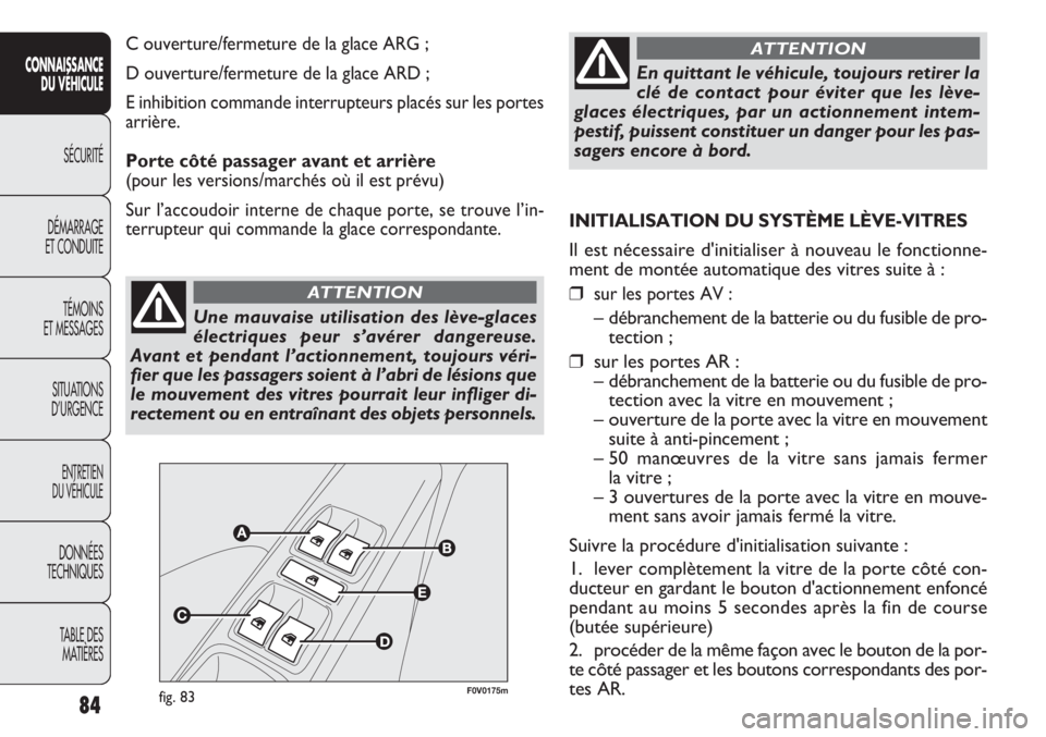 FIAT DOBLO COMBI 2012  Notice dentretien (in French) 84
CONNAISSANCEDU  VÉHIC ULE
SÉCURITÉ
DÉMARRAGE
ET CONDUITE
TÉMOINS
ET MESSAGES
SITUATIONS 
D’URGENCE
ENTRETIEN
DU VÉHICULE
DONNÉES
TECHNIQUES
TABLE DES MATIÈRES
Une mauvaise utilisation des