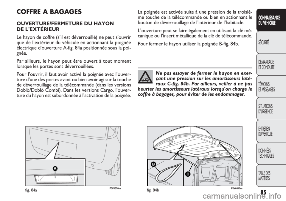 FIAT DOBLO COMBI 2013 Notice dentretien (in French) 85
CONNAISSANCE
DU VÉHIC ULE
SÉCURITÉ
DÉMARRAGE
ET CONDUITE
TÉMOINS
ET MESSAGES
SITUATIONS
D’URGENCE
ENTRETIEN
DU VÉHICULE
DONNÉES
TECHNIQUES
TABLE DES
MATIÈRES
F0V0370mfig. 84aF0V0340mfi FIAT DOBLO COMBI 2013 Notice dentretien (in French) 85
CONNAISSANCE
DU VÉHIC ULE
SÉCURITÉ
DÉMARRAGE
ET CONDUITE
TÉMOINS
ET MESSAGES
SITUATIONS
D’URGENCE
ENTRETIEN
DU VÉHICULE
DONNÉES
TECHNIQUES
TABLE DES
MATIÈRES
F0V0370mfig. 84aF0V0340mfi