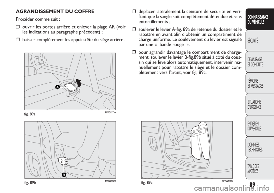 FIAT DOBLO COMBI 2013 Notice dentretien (in French) 89
CONNAISSANCE
DU VÉHIC ULE
SÉCURITÉ
DÉMARRAGE
ET CONDUITE
TÉMOINS
ET MESSAGES
SITUATIONS
D’URGENCE
ENTRETIEN
DU VÉHICULE
DONNÉES
TECHNIQUES
TABLE DES
MATIÈRES
F0V0127mfig. 89a
AGRANDISS FIAT DOBLO COMBI 2013 Notice dentretien (in French) 89
CONNAISSANCE
DU VÉHIC ULE
SÉCURITÉ
DÉMARRAGE
ET CONDUITE
TÉMOINS
ET MESSAGES
SITUATIONS
D’URGENCE
ENTRETIEN
DU VÉHICULE
DONNÉES
TECHNIQUES
TABLE DES
MATIÈRES
F0V0127mfig. 89a
AGRANDISS