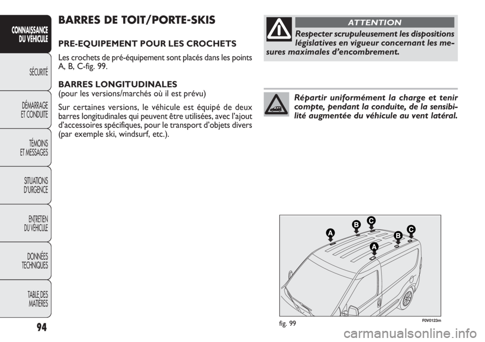 FIAT DOBLO COMBI 2012  Notice dentretien (in French) F0V0123mfig. 99
BARRES DE TOIT/PORTE-SKIS
PRE-EQUIPEMENT POUR LES CROCHETS
Les crochets de pré-équipement sont placés dans les points
A, B, C-fig. 99.
BARRES LONGITUDINALES 
(pour les versions/marc