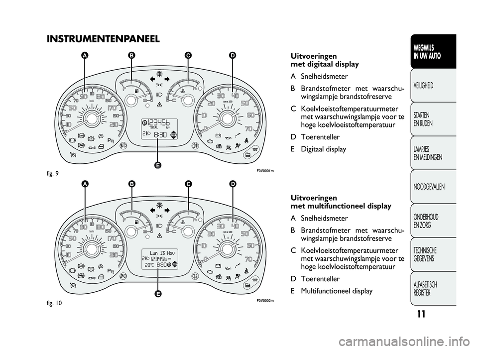 FIAT DOBLO COMBI 2009  Instructieboek (in Dutch) 11
WEGWIJS
IN UW AUTO
VEILIGHEID
STARTEN
EN RIJDEN
LAMPJES
EN MELDINGEN
NOODGEVALLEN
ONDERHOUD
EN ZORG
TECHNISCHE
GEGEVENS
ALFABETISCH
REGISTER
INSTRUMENTENPANEEL
Uitvoeringen
met digitaal display
A S