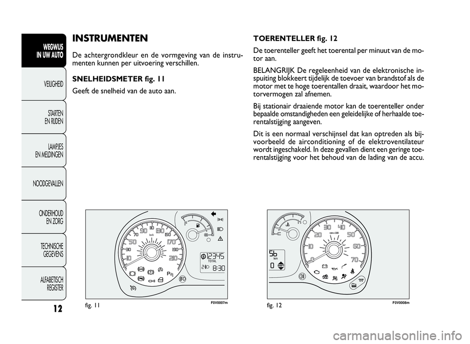 FIAT DOBLO COMBI 2009  Instructieboek (in Dutch) 12
WEGWIJS
IN UW AUTO
VEILIGHEID
STARTEN
EN RIJDEN
LAMPJES
EN MELDINGEN
NOODGEVALLEN
ONDERHOUD
EN ZORG
TECHNISCHE
GEGEVENS
ALFABETISCH
REGISTER
F0V0007mfig. 11F0V0008mfig. 12
TOERENTELLER fig. 12
De t