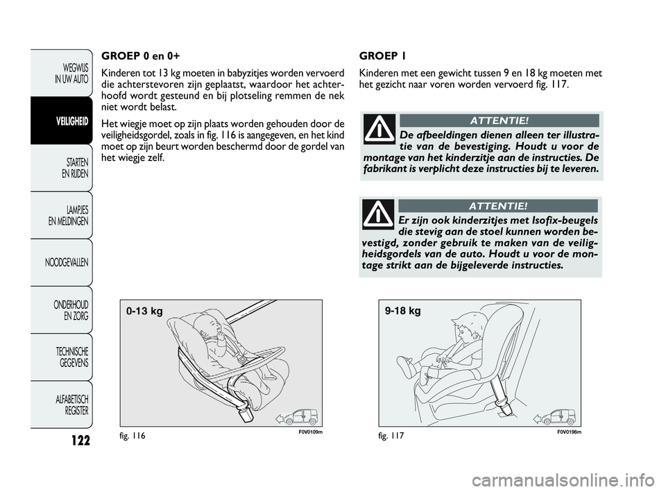 FIAT DOBLO COMBI 2009  Instructieboek (in Dutch) 122
F0V0109mfig. 116F0V0196mfig. 117
GROEP 1
Kinderen met een gewicht tussen 9 en 18 kg moeten met
het gezicht naar voren worden vervoerd fig. 117.
WEGWIJS 
IN UW AUTO
VEILIGHEID
STA R TEN 
EN RIJDEN
