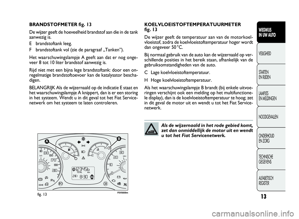 FIAT DOBLO COMBI 2009  Instructieboek (in Dutch) 13
WEGWIJS
IN UW AUTO
VEILIGHEID
STARTEN
EN RIJDEN
LAMPJES
EN MELDINGEN
NOODGEVALLEN
ONDERHOUD
EN ZORG
TECHNISCHE
GEGEVENS
ALFABETISCH
REGISTER
F0V0009mfig. 13
KOELVLOEISTOFTEMPERATUURMETER
fig. 13
De