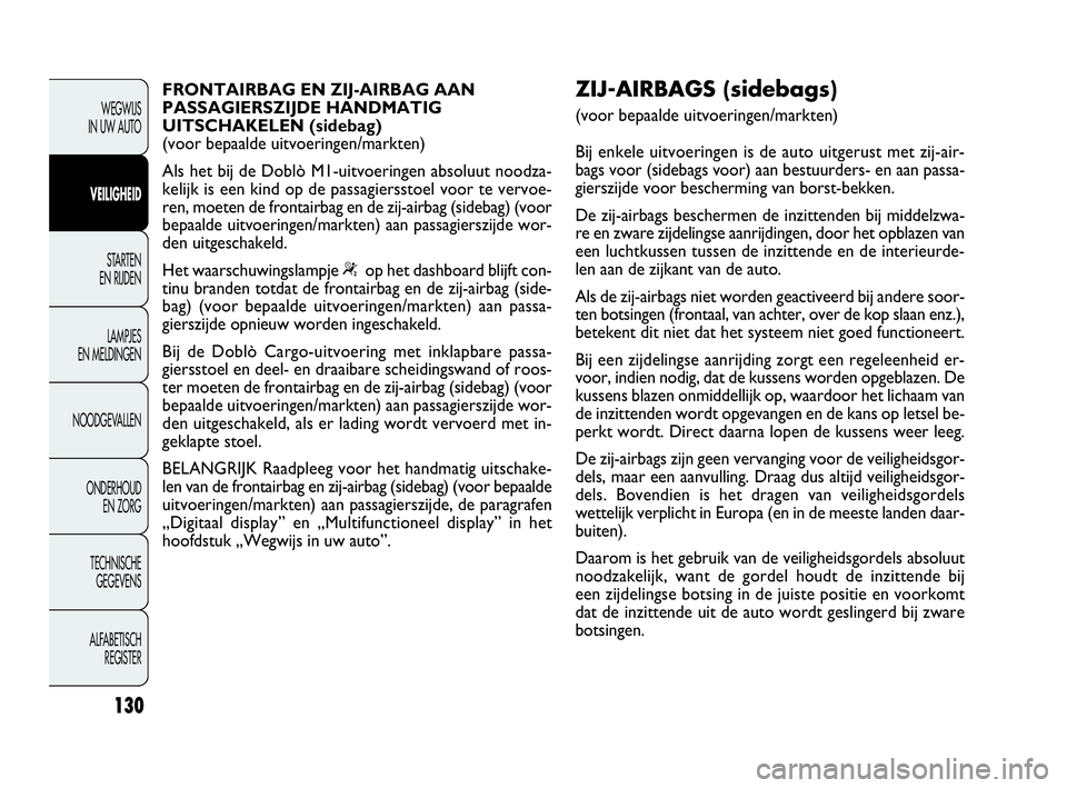 FIAT DOBLO COMBI 2010 Instructieboek (in Dutch) 130
WEGWIJS
IN UW AUTO
VEILIGHEID
STA R TEN
EN RIJDEN
LAMPJES
EN MELDINGEN
NOODGEVALLEN
ONDERHOUD
EN ZORG
TECHNISCHE
GEGEVENS
ALFABETISCH
REGISTER
FRONTAIRBAG EN ZIJ-AIRBAG AAN
PASSAGIERSZIJDE H FIAT DOBLO COMBI 2010 Instructieboek (in Dutch) 130
WEGWIJS
IN UW AUTO
VEILIGHEID
STA R TEN
EN RIJDEN
LAMPJES
EN MELDINGEN
NOODGEVALLEN
ONDERHOUD
EN ZORG
TECHNISCHE
GEGEVENS
ALFABETISCH
REGISTER
FRONTAIRBAG EN ZIJ-AIRBAG AAN
PASSAGIERSZIJDE H