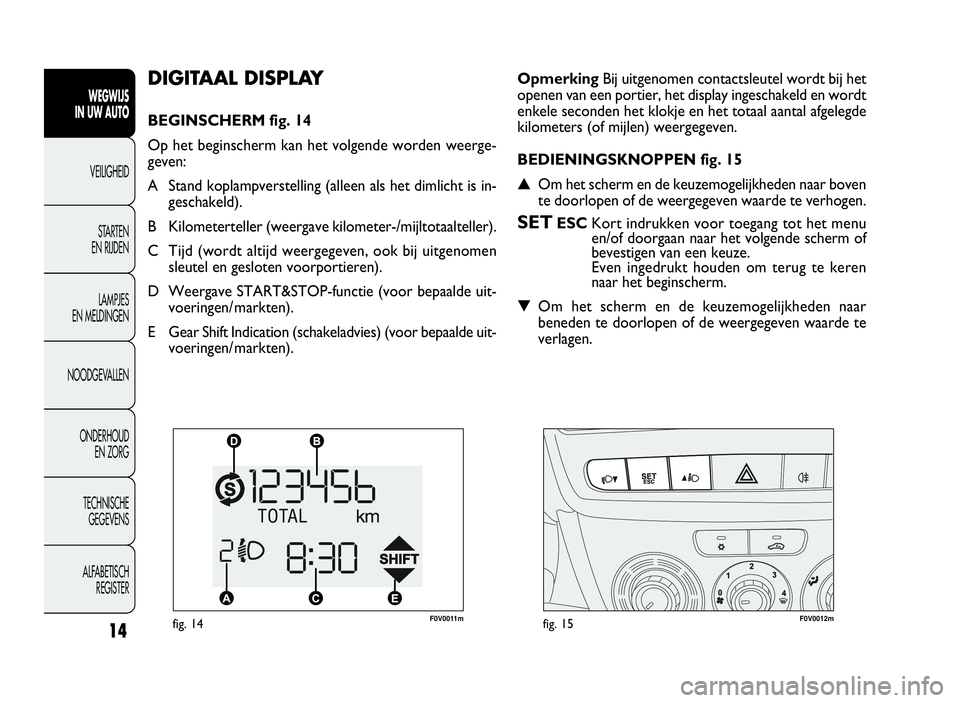 FIAT DOBLO COMBI 2009  Instructieboek (in Dutch) 14
WEGWIJS
IN UW AUTO
VEILIGHEID
STARTEN
EN RIJDEN
LAMPJES
EN MELDINGEN
NOODGEVALLEN
ONDERHOUD
EN ZORG
TECHNISCHE
GEGEVENS
ALFABETISCH
REGISTER
DIGITAAL DISPLAY
BEGINSCHERM fig. 14
Op het beginscherm 