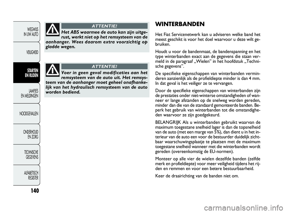 FIAT DOBLO COMBI 2010  Instructieboek (in Dutch) 140
WINTERBANDEN
Het Fiat Servicenetwerk kan u adviseren welke band het
meest geschikt is voor het doel waarvoor u deze wilt ge-
bruiken.
Houdt u voor de bandenmaat, de bandenspanning en het
type wint