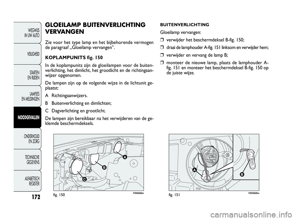 FIAT DOBLO COMBI 2009 Instructieboek (in Dutch) 172
F0V0028mfig. 150F0V0029mfig. 151
GLOEILAMP BUITENVERLICHTING
VERVANGEN
Zie voor het type lamp en het bijbehorende vermogen
de paragraaf „Gloeilamp vervangen”.
KOPLAMPUNITS fig. 150
In de kopla FIAT DOBLO COMBI 2009 Instructieboek (in Dutch) 172
F0V0028mfig. 150F0V0029mfig. 151
GLOEILAMP BUITENVERLICHTING
VERVANGEN
Zie voor het type lamp en het bijbehorende vermogen
de paragraaf „Gloeilamp vervangen”.
KOPLAMPUNITS fig. 150
In de kopla