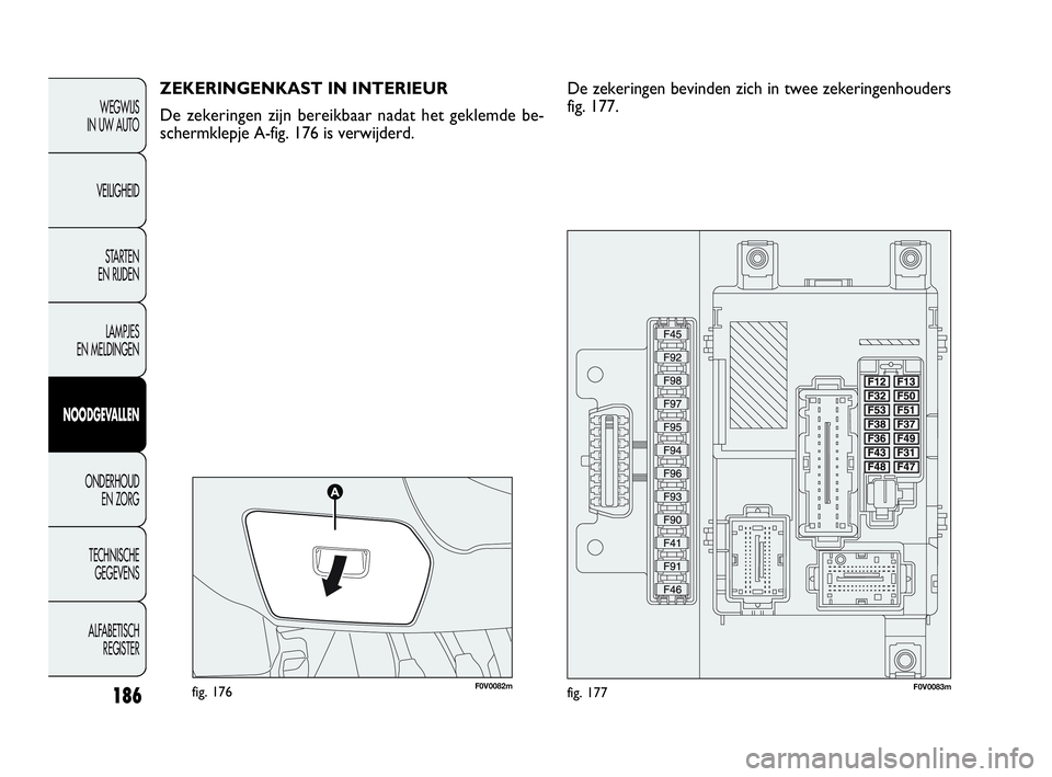 FIAT DOBLO COMBI 2009  Instructieboek (in Dutch) 186
WEGWIJS 
IN UW AUTO
VEILIGHEID
STA R TEN 
EN RIJDEN
LAMPJES 
EN MELDINGEN
NOODGEVALLEN
ONDERHOUD 
EN ZORG
TECHNISCHE 
GEGEVENS
ALFABETISCH 
REGISTER
F0V0082mfig. 176F0V0083mfig. 177
ZEKERINGENKAST