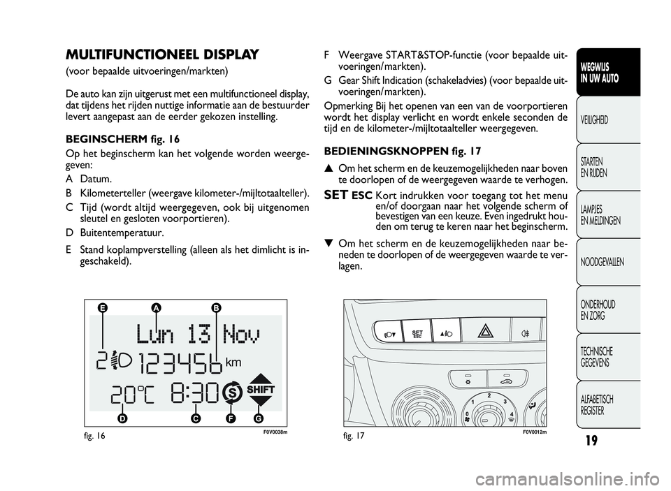 FIAT DOBLO COMBI 2010 Instructieboek (in Dutch) 19
F0V0038mfig. 16F0V0012mfig. 17
F Weergave START&STOP-functie (voor bepaalde uit-
voeringen/ markten).
G Gear Shift Indication (schakeladvies) (voor bepaalde uit-
voeringen/ markten).
Opmerking Bij FIAT DOBLO COMBI 2010 Instructieboek (in Dutch) 19
F0V0038mfig. 16F0V0012mfig. 17
F Weergave START&STOP-functie (voor bepaalde uit-
voeringen/ markten).
G Gear Shift Indication (schakeladvies) (voor bepaalde uit-
voeringen/ markten).
Opmerking Bij