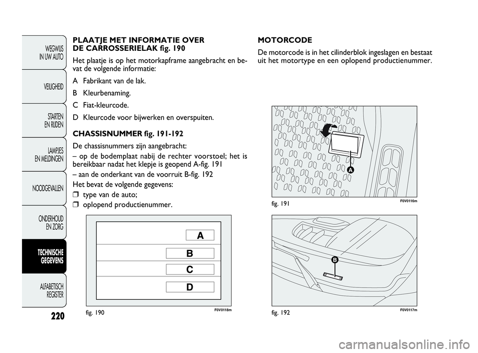 FIAT DOBLO COMBI 2009 Instructieboek (in Dutch) 220
F0V0118mfig. 190F0V0117mfig. 192
F0V0116mfig. 191
MOTORCODE
De motorcode is in het cilinderblok ingeslagen en bestaat
uit het motortype en een oplopend productienummer. PLAATJE MET INFORMATIE OVER FIAT DOBLO COMBI 2009 Instructieboek (in Dutch) 220
F0V0118mfig. 190F0V0117mfig. 192
F0V0116mfig. 191
MOTORCODE
De motorcode is in het cilinderblok ingeslagen en bestaat
uit het motortype en een oplopend productienummer. PLAATJE MET INFORMATIE OVER